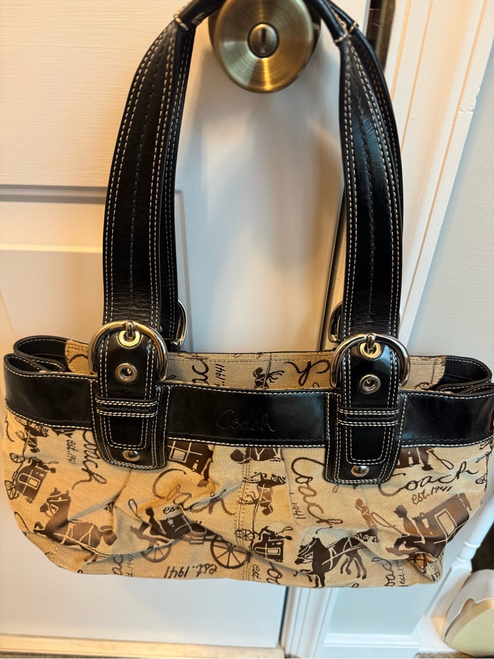 Coach Beige and Black Signature Canvas Tote with Horse & Carriage Print